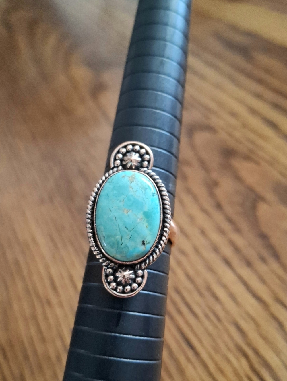 Ring Large Oval Turquoise Stone Set In Copper Frame And Adjustable Band 7-8-9